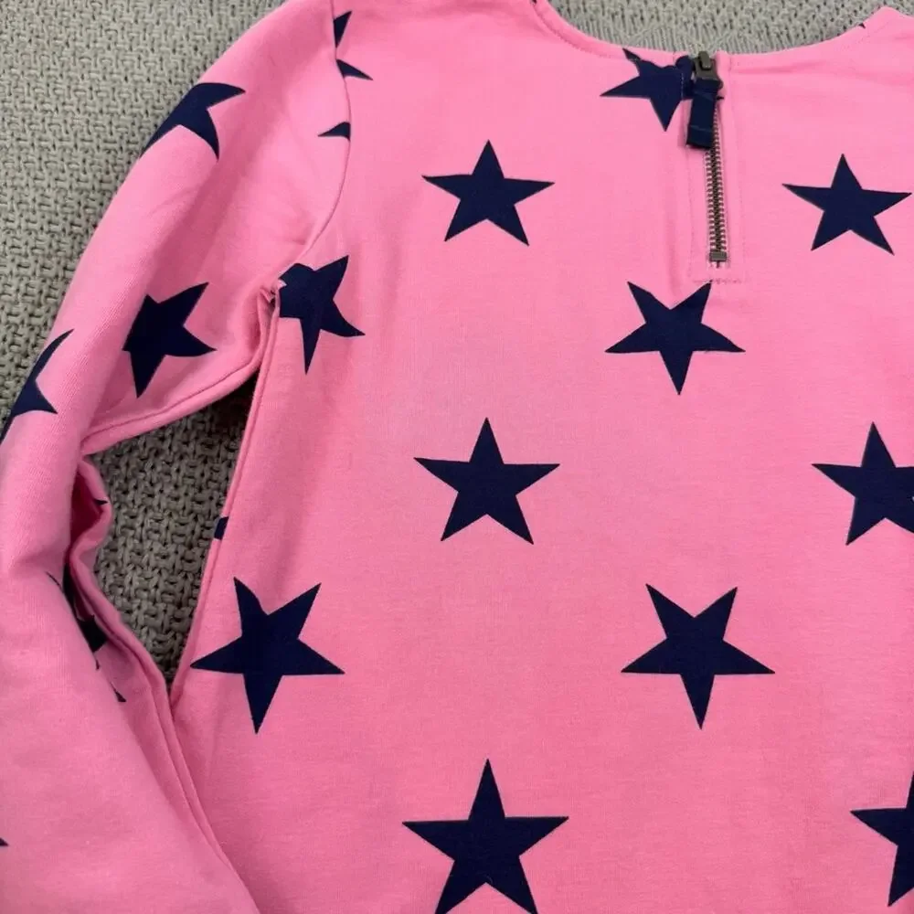 Primary Girls Long Sleeved Pink Dress with Navy Star Accents & Pockets 8/9